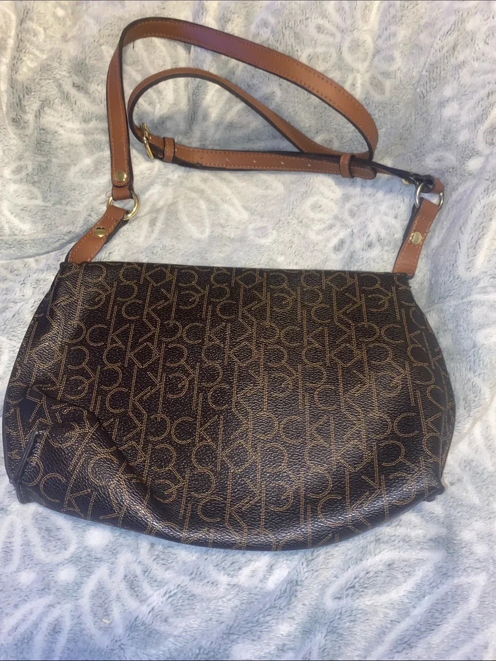 Calvin Klein Brown Monogram Crossbody Bag with Tan Leather Strap